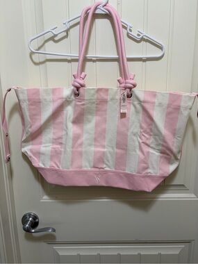 PINK Victoria's Secret Pink & White Striped Canvas Tote